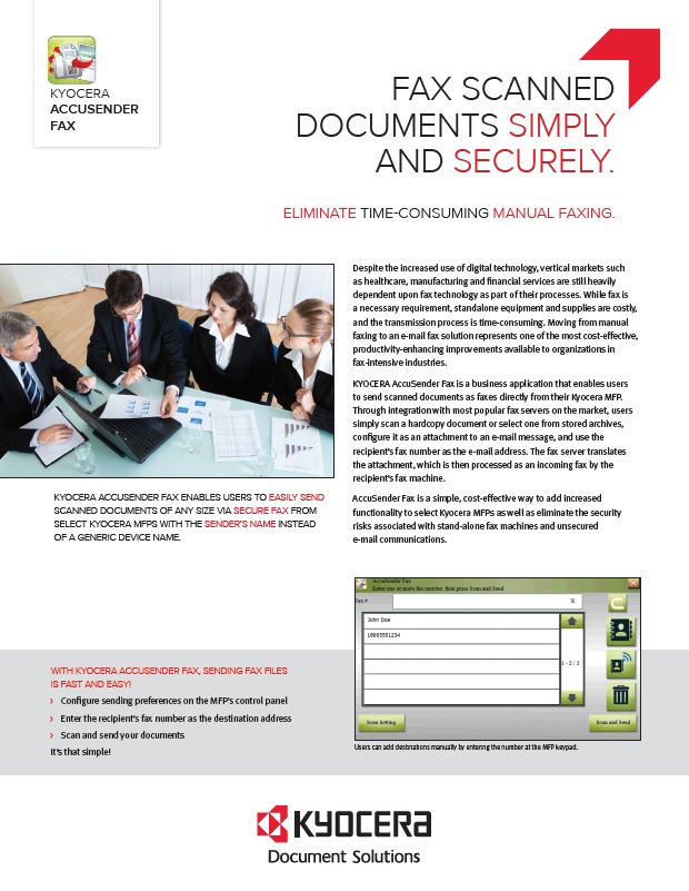 Kyocera Software Capture And Distribution Accusender Fax Brochure Thumb, Automated Office Equipment, Kyocera, KIP, Office Furniture, MD, Maryland, COpier, Printer, MFP