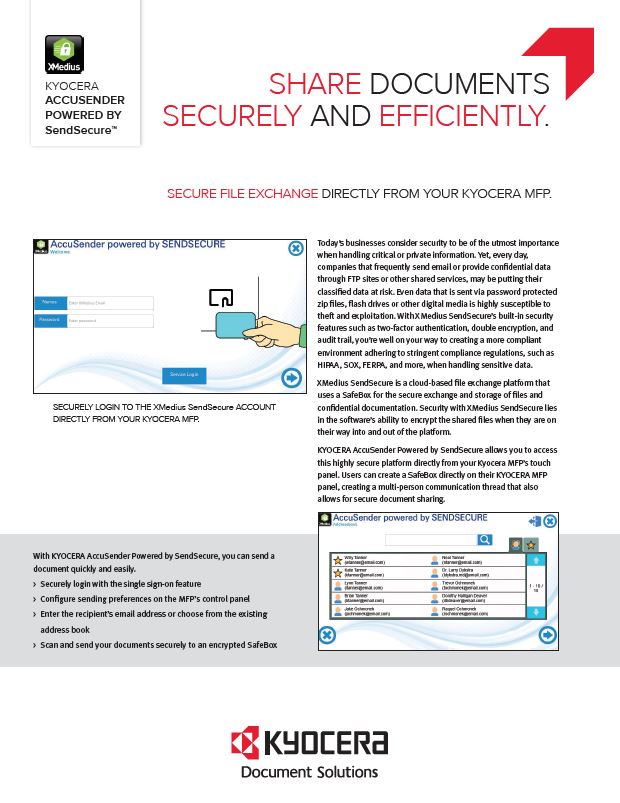 Kyocera Software Capture And Distribution Accusender Powered By Sendsecure Data Sheet Thumb, Automated Office Equipment, Kyocera, KIP, Office Furniture, MD, Maryland, COpier, Printer, MFP