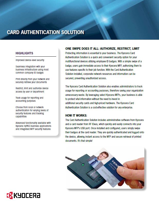 Kyocera Software Cost Control And Security Card Authentication Data Sheet Thumb, Automated Office Equipment, Kyocera, KIP, Office Furniture, MD, Maryland, COpier, Printer, MFP