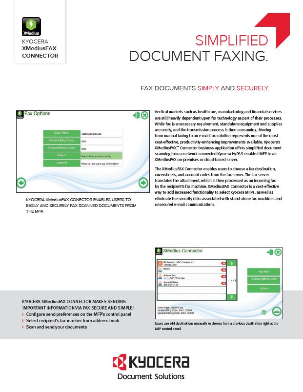 Kyocera Software Document Management Xmediusfax Connector Data Sheet Thumb, Automated Office Equipment, Kyocera, KIP, Office Furniture, MD, Maryland, COpier, Printer, MFP