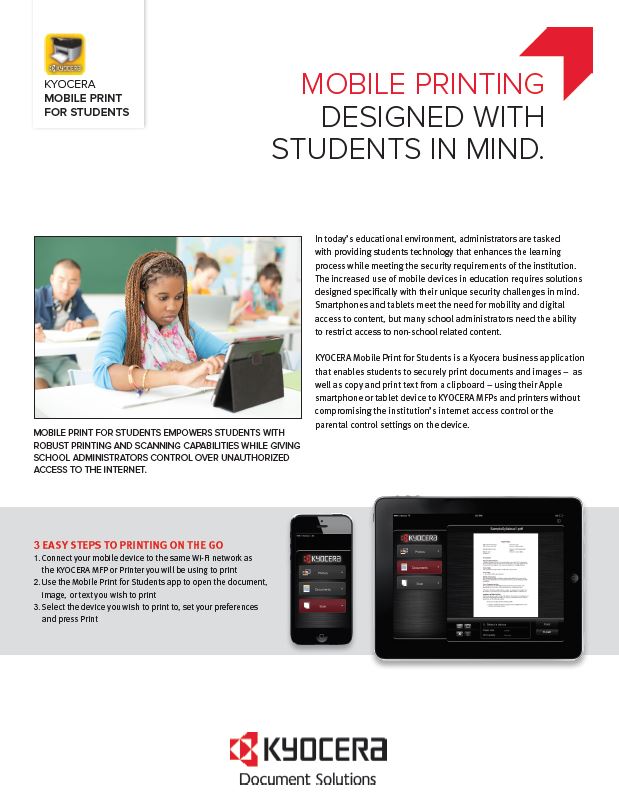 Kyocera Software Mobile And Cloud Kyocera Mobile Print For Students Data Sheet Thumb, Automated Office Equipment, Kyocera, KIP, Office Furniture, MD, Maryland, COpier, Printer, MFP