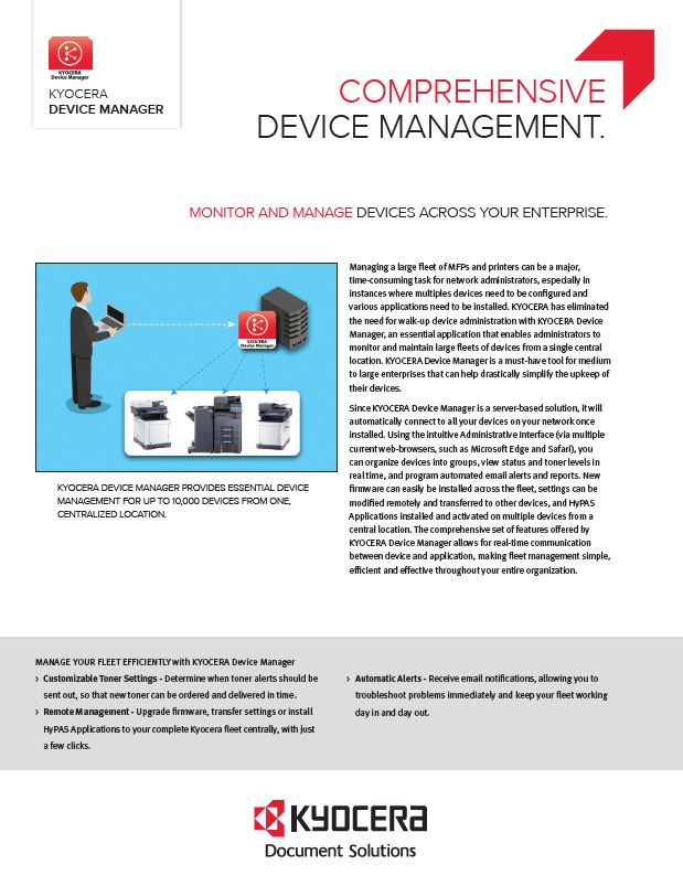 Kyocera Software Network Device Management Kyocera Device Manager Data Sheet Thumb, Automated Office Equipment, Kyocera, KIP, Office Furniture, MD, Maryland, COpier, Printer, MFP