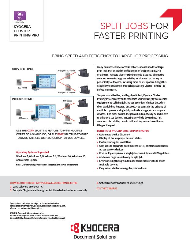 Kyocera Software Output Management Kyocera Cluster Printing Pro Data Sheet Thumb, Automated Office Equipment, Kyocera, KIP, Office Furniture, MD, Maryland, COpier, Printer, MFP
